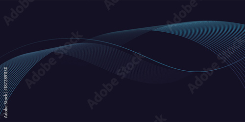Dark abstract background featuring glowing, flowing wave lines in blue red color gradient. Futuristic design with shiny, smooth motion, perfect for technology-inspired visuals. Vector illustration.