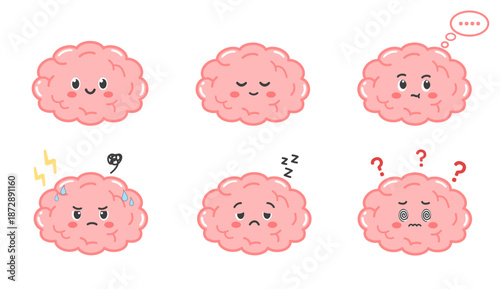 Cute brain character expressions set. Thinking, sleeping, confused, angry, tired, and dizzy emotions. Mental health, emotion, psychology, and brain activity concept. Modern cartoon vector illustration