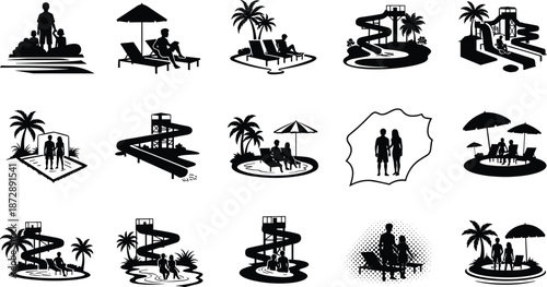 Black silhouettes of people relaxing and playing at a tropical poolside with palm trees and umbrellas