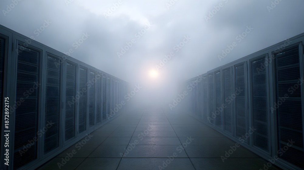 Obraz premium A mysterious and foggy corridor between rows of server racks leading to a bright light
