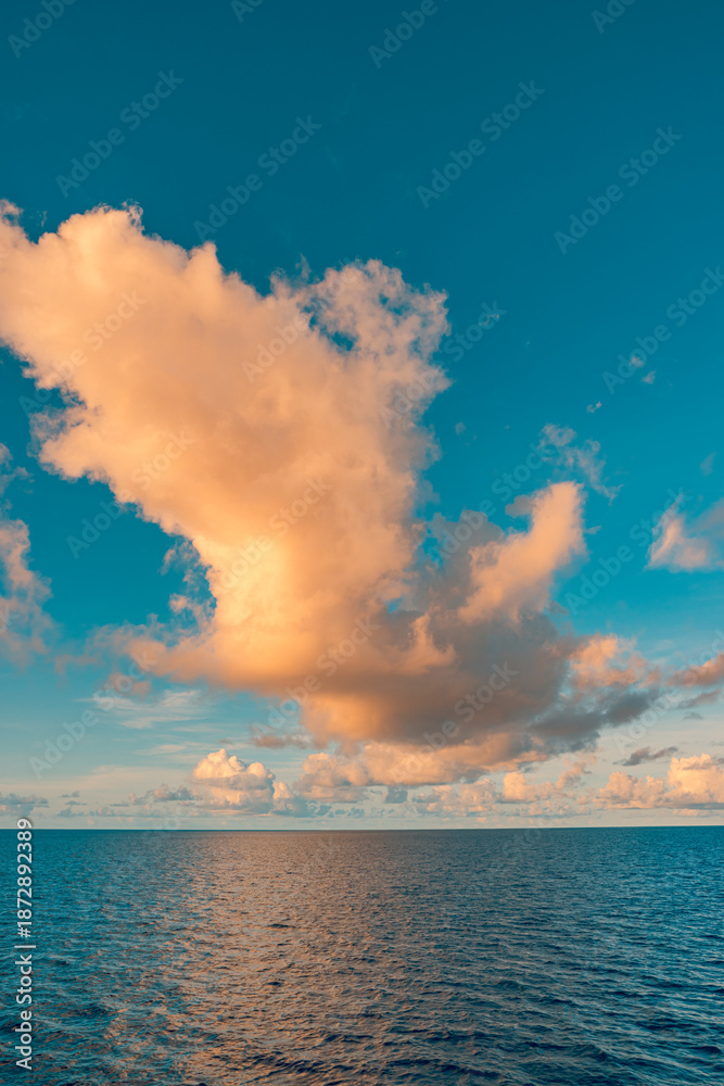 Fototapeta premium Ecology meditation picturesque ocean horizon nature scene sunset with vibrant clouds sky calm water inspiring landscape serene tropical seascape relaxing summer wallpaper panoramic travel background