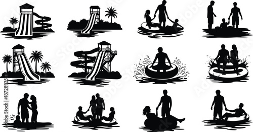 Silhouettes of people enjoying water activities and slides at a tropical water park with palm trees