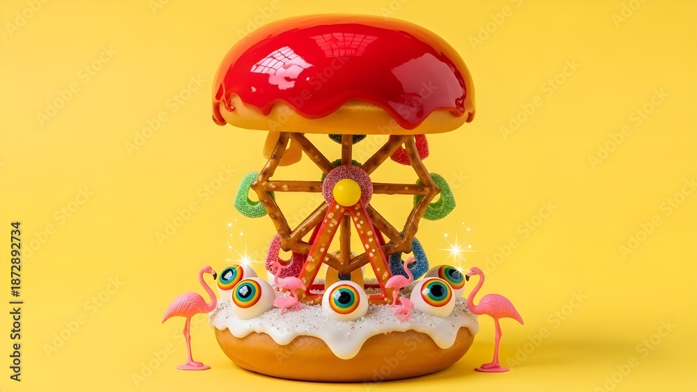 Obraz premium donut-amusement-park-ferris-wheel-flamingos-rainbow-eyes-yellow-background-surreal-food-art