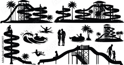 Silhouettes of people enjoying water slides and pool activities with palm trees in a tropical setting