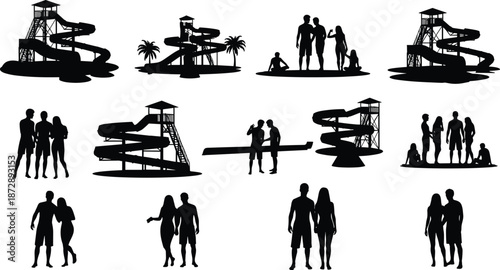 Silhouettes of people enjoying water slides and socializing at a water park with palm trees