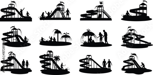 Silhouettes of people enjoying water slides and pools with palm trees and umbrellas in a recreational setting