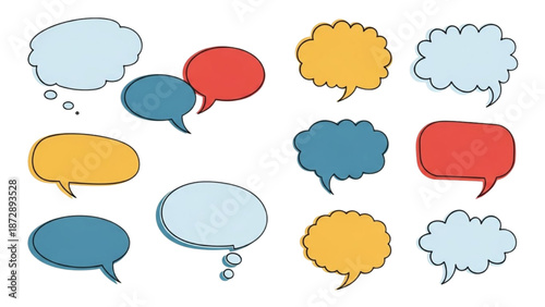 Collection of colorful speech bubbles and thought clouds on a white background