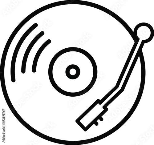 Minimalist black outline icon of a vinyl record on a turntable with tonearm for music