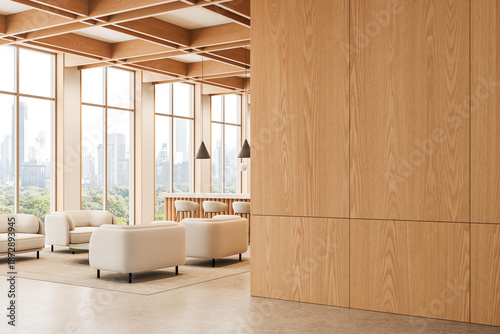 Modern interior design with wooden accents and panoramic windows in a bright lounge area overlooking the city skyline and nature outside. 3D Rendering