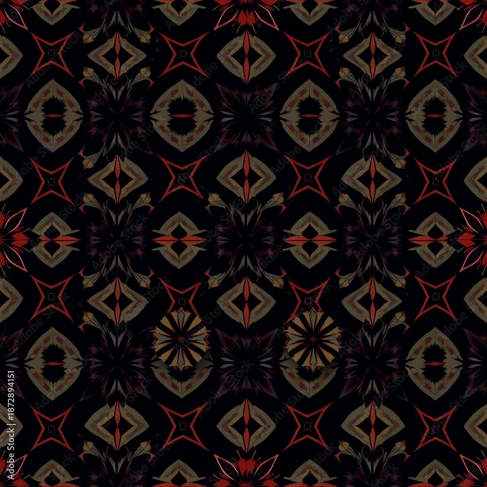Fototapeta premium Intricate abstract geometric pattern with floral motifs in dark tones design background