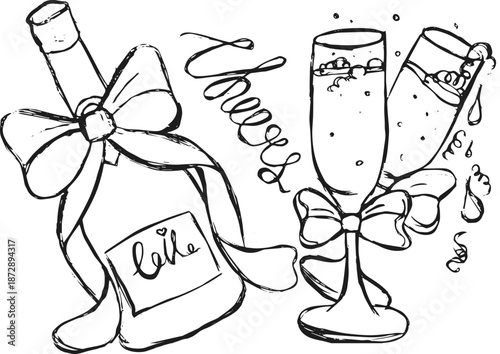 A charming hand-drawn sketch of a champagne bottle and two flutes adorned with bows, perfect for celebrations like weddings, anniversaries, or Valentine’s Day.