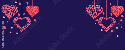 Hanging hearts made of small hearts for valentines day or love concept on dark blue background
