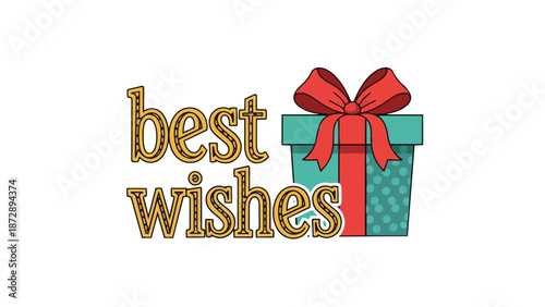A vibrant illustration of 'best wishes' message alongside a beautifully wrapped gift box with a red bow, symbolizing joy and celebration for special