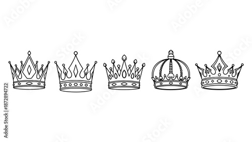 A collection of five different black and white line art illustrations of royal crowns.