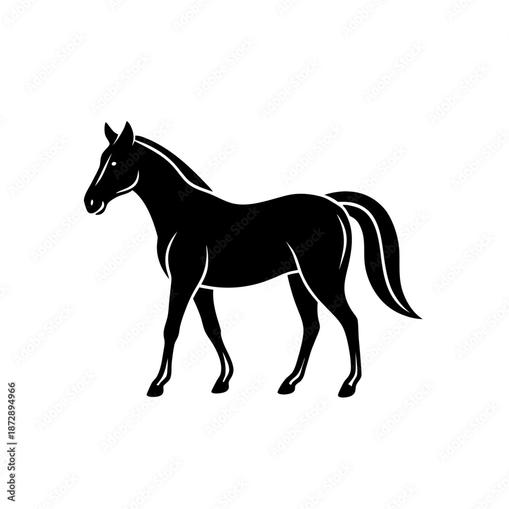 Fototapeta premium Black Horse Silhouette Running Gracefully on White Minimalist Background