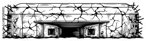 Damaged military concrete bunker with cracks and defensive fortification structure