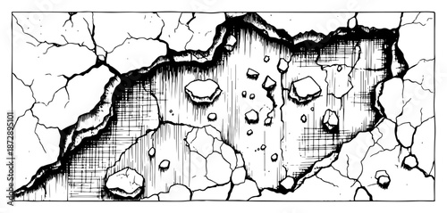 Large jagged hole in broken wall with falling debris rubble