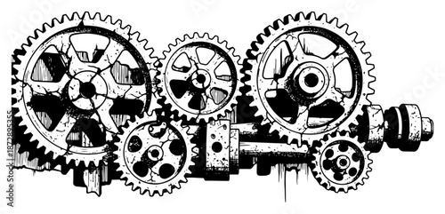 Hand drawn sketch of old rusty gears and industrial machinery mechanism
