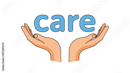Open hands cradling the word 'care' symbolizing support, empathy, and protection for well-being. This visual represents human compassion and