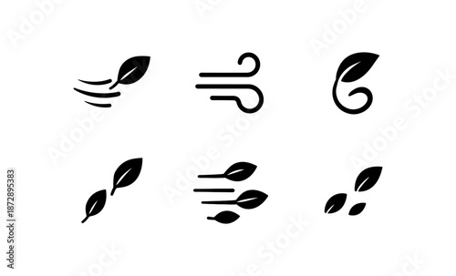 Set of six black leaf and wind icons on a white background