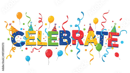 Vibrant Celebration Typography Adorned with Festive Party Elements and Decorations