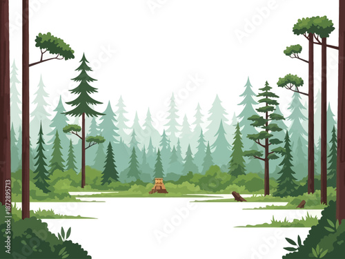 Tranquil Forest Clearing A serene woodland scene with towering trees and lush vegetation