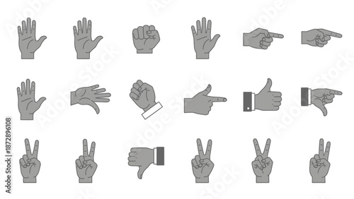 This vector illustration features a comprehensive set of black human hand gesture icons and finger silhouettes including palms, business signs, and glove symbols for professional use