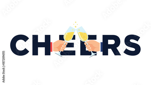 Vibrant 'CHEERS' graphic with hands toasting champagne flutes, symbolizing celebration and success.