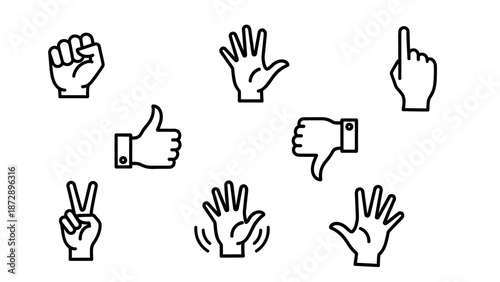 Set of human hands and fingers vector illustration featuring a palm, fist, and pointing gesture icons in a design symbol set