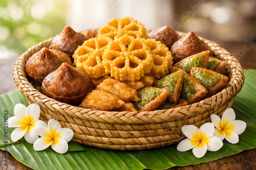 Woven basket of traditional Sri Lankan sweets on banana leaf with Frangipani flowers.