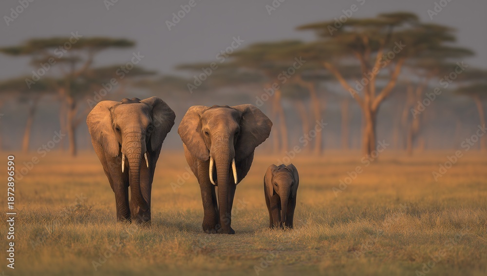 Fototapeta premium Elephant family walking on savanna at sunset