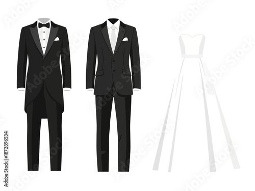 Elegant Wedding Attire Tuxedos and Gown Illustration for Formal Occasions