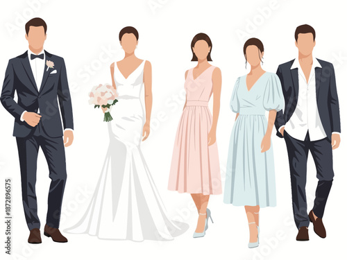 Elegant Wedding Party Illustration Bride, Groom, Bridesmaids and Groomsman