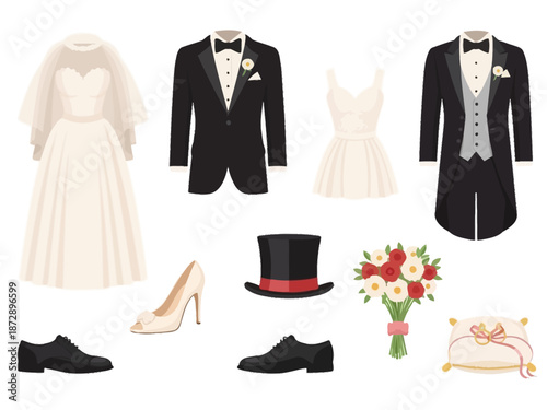 Wedding Attire and Accessories Elegant Dresses, Tuxedos, and Floral Arrangements