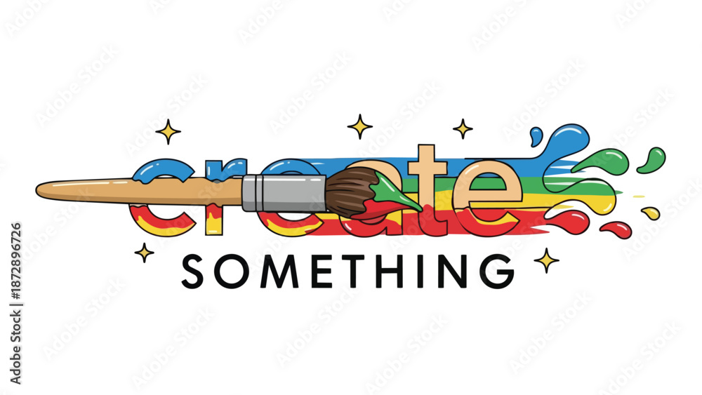 Obraz premium Dynamic illustration featuring a creative paint brush forming the word 'create' with a vibrant rainbow spectrum of flowing liquid splashes inspiring