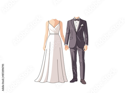 Elegant wedding couple illustration, faceless bride and groom holding hands on white background