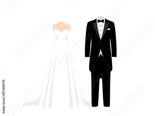 Elegantly Styled Wedding Attire Bride's Dress and Groom's Tuxedo Illustration