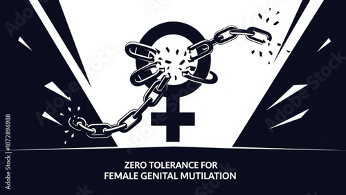 Zero tolerance for female genital mutilation symbol with broken chain around venus symbol with women s rights and empowerment and feminism and equality