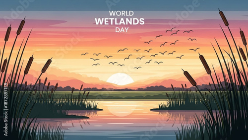 Serene wetlands landscape with cattails and birds at sunset on world wetlands day with nature and conservation and environment and ecosystem