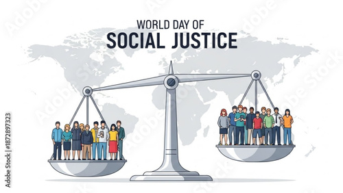 World day of social justice illustration with balanced scales and diverse people on both sides standing for equality and fairness globally with global unity