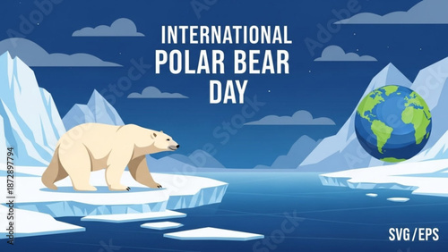 International polar bear day awareness illustration with polar bear on ice floe and earth globe on iceberg in arctic landscape with climate change