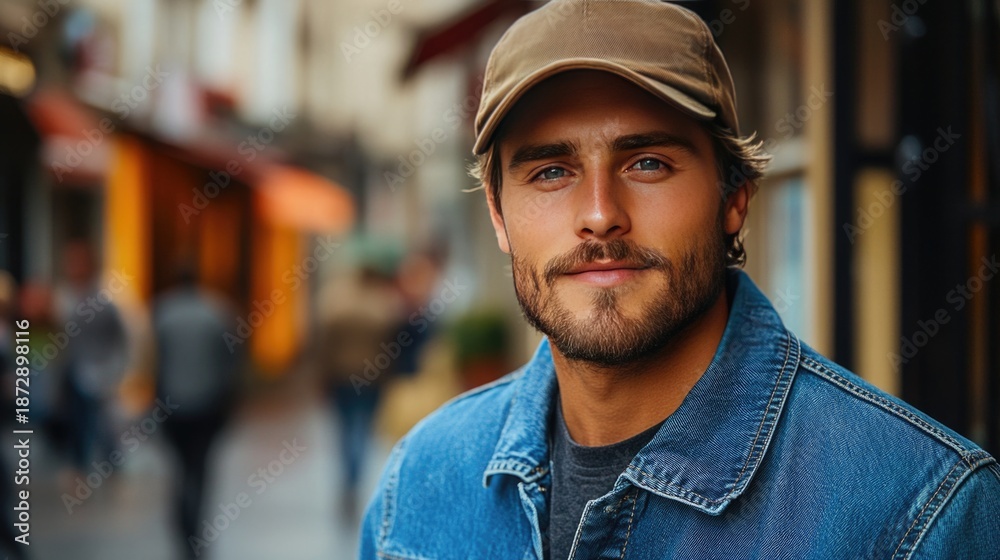 Fototapeta premium Portrait of young handsome man in denim jacket and stylish cap fashionable trendy look.