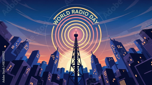 World radio day illustration with cityscape and radio tower at sunset with communication and broadcasting and media and technology and urban landscape