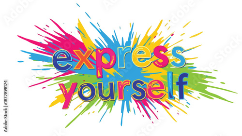 Colorful 'Express Yourself' text on a vibrant paint splash background conveying creativity