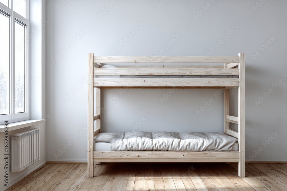 Fototapeta premium Natural light illuminates a wooden bunk bed with a made bed in a room.
