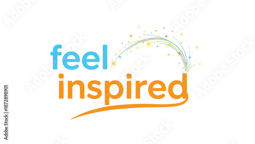A vibrant and uplifting graphic displaying the motivational phrase 'feel inspired' with dynamic colorful sparkles and an orange underline conveying