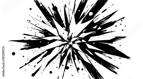 Abstract black and white explosion with sharp lines and ink splatters on a white background.