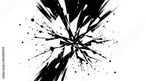 A dynamic black and white abstract illustration depicting a shattered explosion with sharp fragments and ink splatters radiating outwards from a central point.