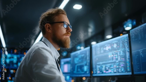 Focused cybersecurity analyst monitors multiple data streams on high tech computer screens in a modern control center. He analyzes digital threats and network activity with advanced software tools