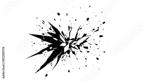 Abstract black explosion graphic with sharp fragments and splatters on a white background, depicting a dynamic burst effect.